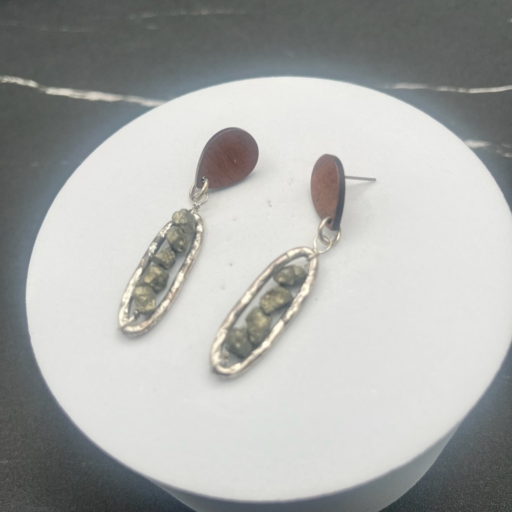 Vintage Pyrite Raw Nugget Dangle Earrings Jewelry Wood Silver Tone Stud Post - Picture 10 of 13